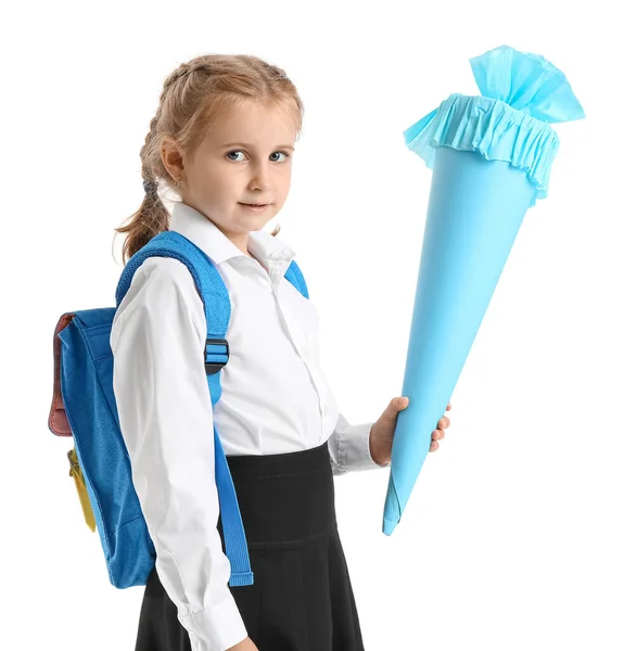 Cute Little Girl Blue School Cone Backpack White Background — Stockfoto