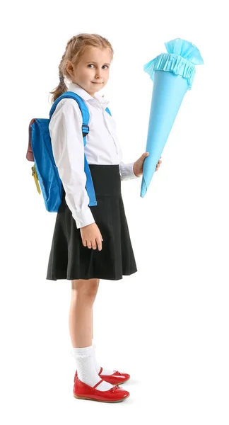 Cute Little Girl Blue School Cone Backpack White Background — Stok fotoğraf