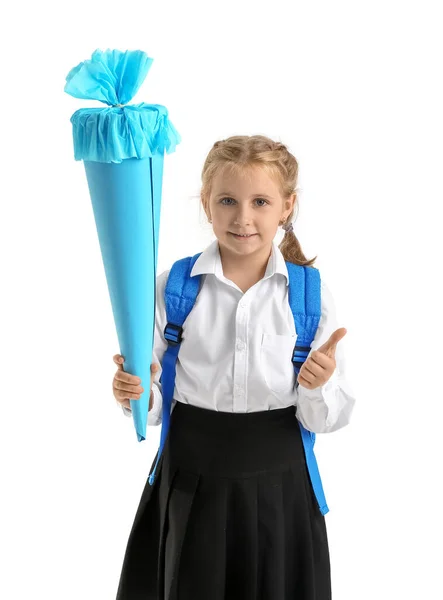 Cute Little Girl Blue School Cone Showing Thumb White Background — ストック写真