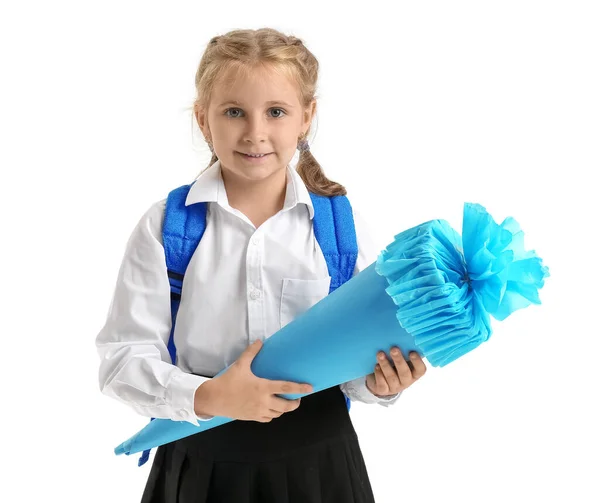 Cute Little Girl Blue School Cone White Background — ストック写真