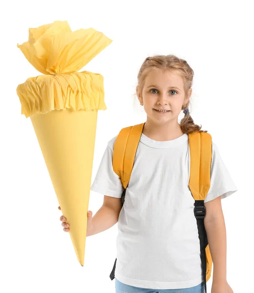 Cute Little Girl Yellow School Cone Backpack White Background — Stock Photo, Image