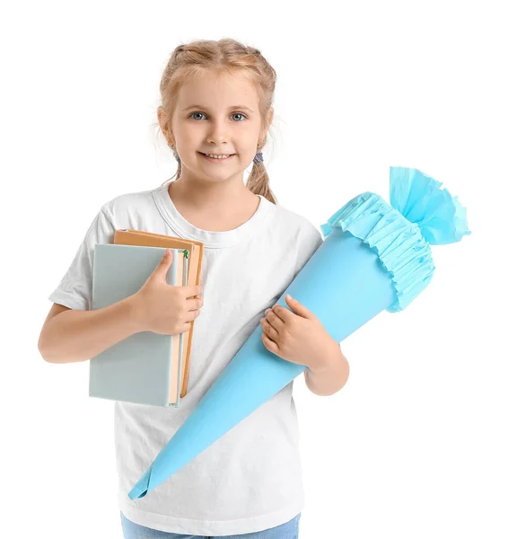 Cute Little Girl Blue School Cone Books White Background — Stock Photo, Image