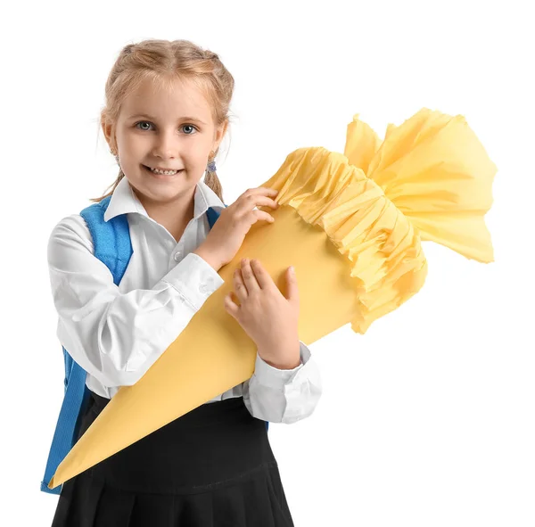 Cute Little Girl Yellow School Cone White Background — Stock Photo, Image