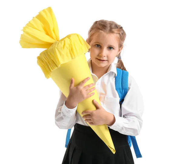 Cute Little Girl Yellow School Cone White Background — Stockfoto