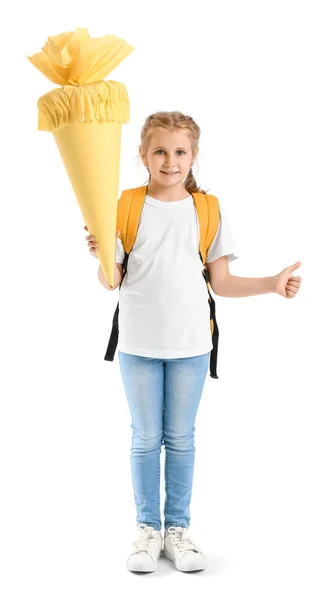 Cute Little Girl Yellow School Cone Backpack Showing Thumb White — Stockfoto