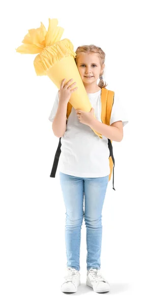 Cute Little Girl Yellow School Cone Backpack White Background — Zdjęcie stockowe