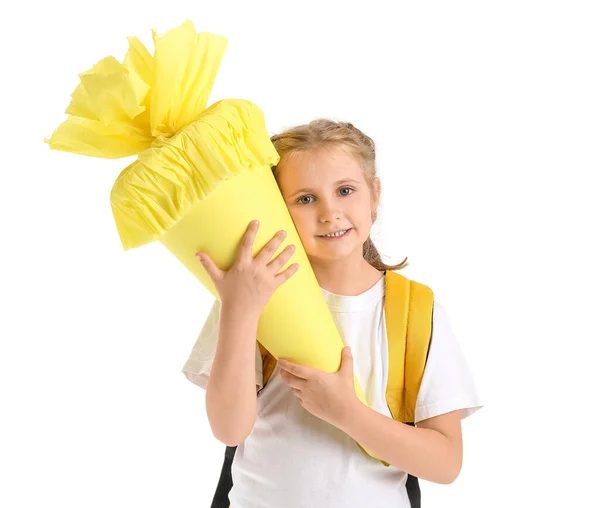 Cute Little Girl Yellow School Cone Backpack White Background — Fotografie, imagine de stoc