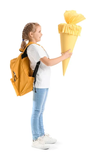Cute Little Girl Yellow School Cone Backpack White Background — Fotografia de Stock