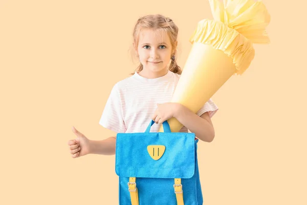 Cute Little Girl School Cone Backpack Showing Thumb Beige Background — Stock Photo, Image