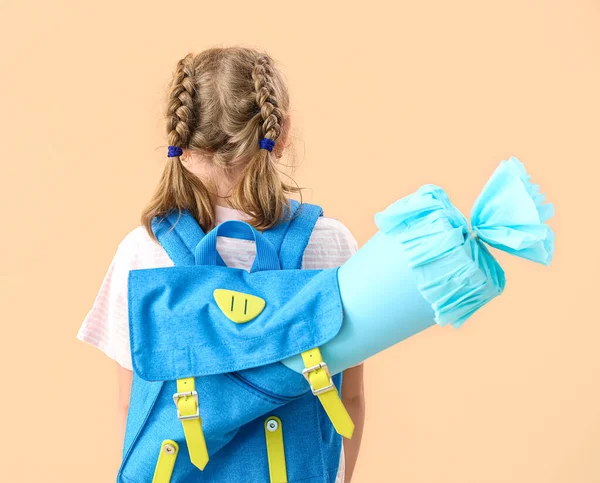 Cute Little Girl School Cone Backpack Beige Background Back View — Zdjęcie stockowe