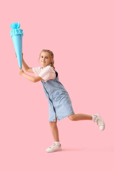 Cute Little Girl Blue School Cone Pink Background — Stok fotoğraf