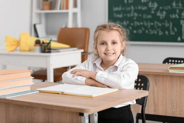 Cute Little First Grader Sitting Desk Classroom — Stockfoto
