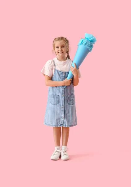 Cute Little Girl Blue School Cone Pink Background — Stockfoto