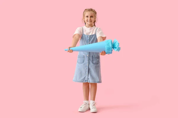 Cute Little Girl Blue School Cone Pink Background — Fotografie, imagine de stoc