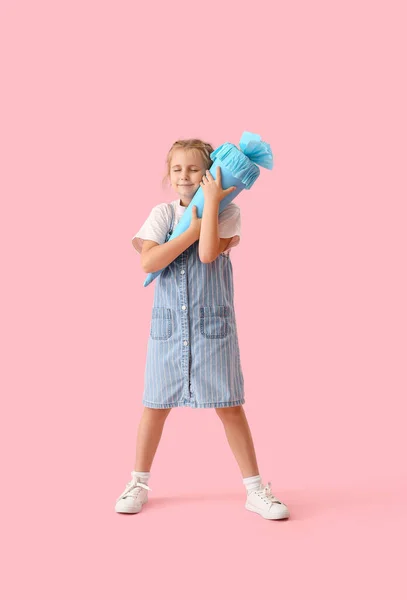 Cute Little Girl Blue School Cone Pink Background — ストック写真