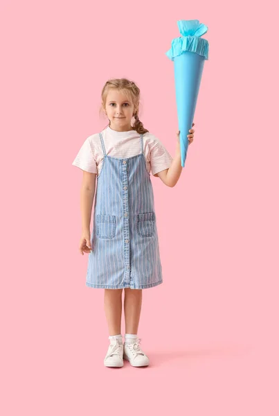 Cute Little Girl Blue School Cone Pink Background — Stockfoto