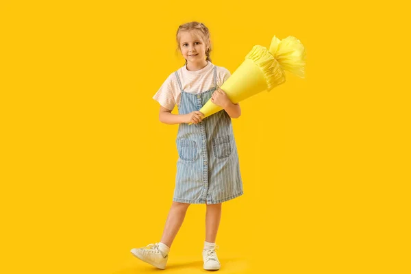 Cute Little Girl School Cone Yellow Background — Stock Photo, Image