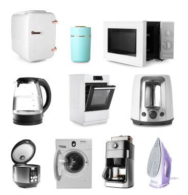 Set of different household appliances isolated on white