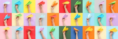 Many hands with paper planes on colorful background