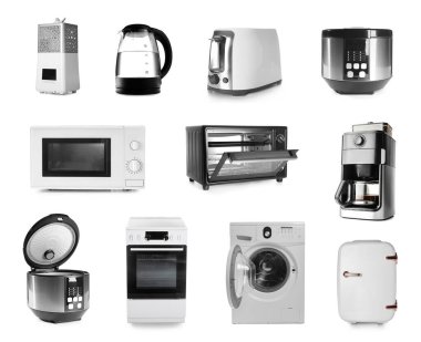 Set of different household appliances isolated on white