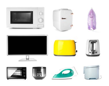 Set of different household appliances isolated on white