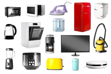 Set of different household appliances isolated on white