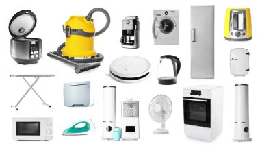 Set of different household appliances isolated on white