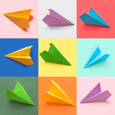 Many paper planes on colorful background