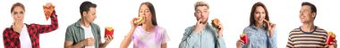 Set of people with different fast food on white background