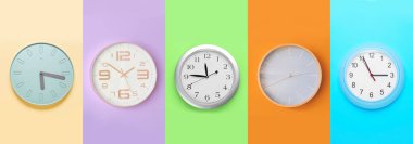 Set of different clocks on colorful background