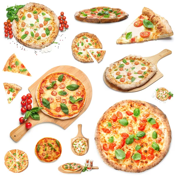 Set Tasty Pizza Margarita Isolated White — 스톡 사진