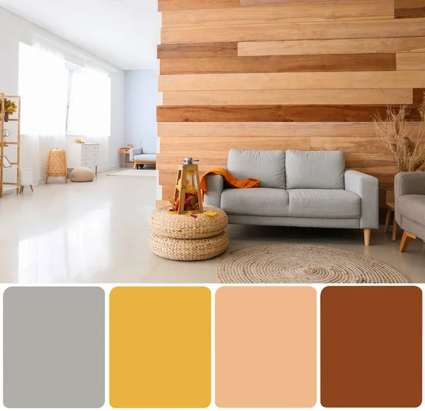 Interior Studio Apartment Comfortable Sofa Candle Lamp Autumn Leaves Different — ストック写真