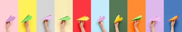 Many Hands Paper Planes Colorful Background — Foto de Stock