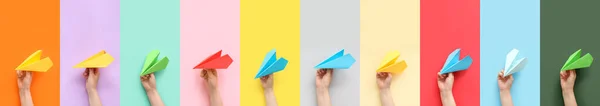 Many Hands Paper Planes Colorful Background — Foto de Stock