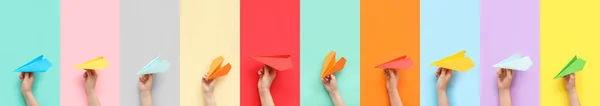 Many Hands Paper Planes Colorful Background — Stockfoto