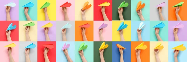 Many Hands Paper Planes Colorful Background — Stok fotoğraf