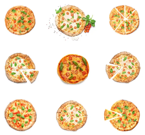 Set Tasty Pizza Margarita Isolated White Top View — 스톡 사진