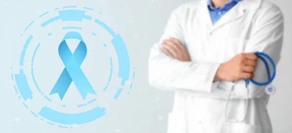 Doctor Blue Ribbon Virtual Screen Light Background Prostate Cancer Awareness — Foto Stock