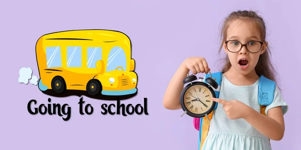 Shocked Little Student Alarm Clock Drawn School Bus Lilac Background — Foto de Stock