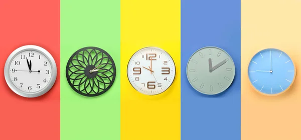 Set Different Clocks Colorful Background — Stock Photo, Image