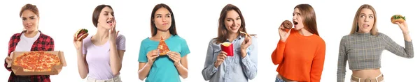 Set Women Different Fast Food White Background — Zdjęcie stockowe