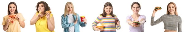 Set People Different Fast Food White Background — Zdjęcie stockowe