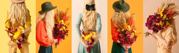 Collage Young Woman Holding Beautiful Autumn Bouquet Color Background — ストック写真