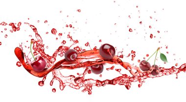 Sweet cherries and splash of juice isolated on white