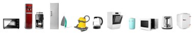 Set of different household appliances isolated on white