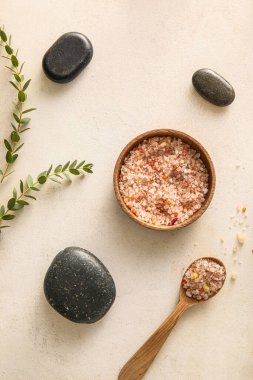 Bowl of sea salt, spa stones and eucalyptus branches on light background