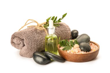 Spa composition with sea salt on white background