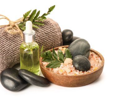 Spa composition with sea salt on white background