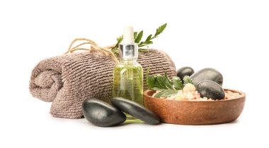 Spa composition with sea salt on white background