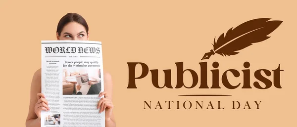 Young Woman Newspaper Text National Publicist Day Beige Background — Stockfoto